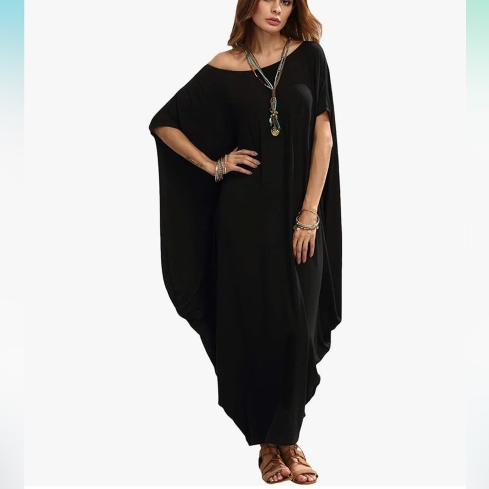 Black boat neck dolman sleeve kaftan maxi dress
